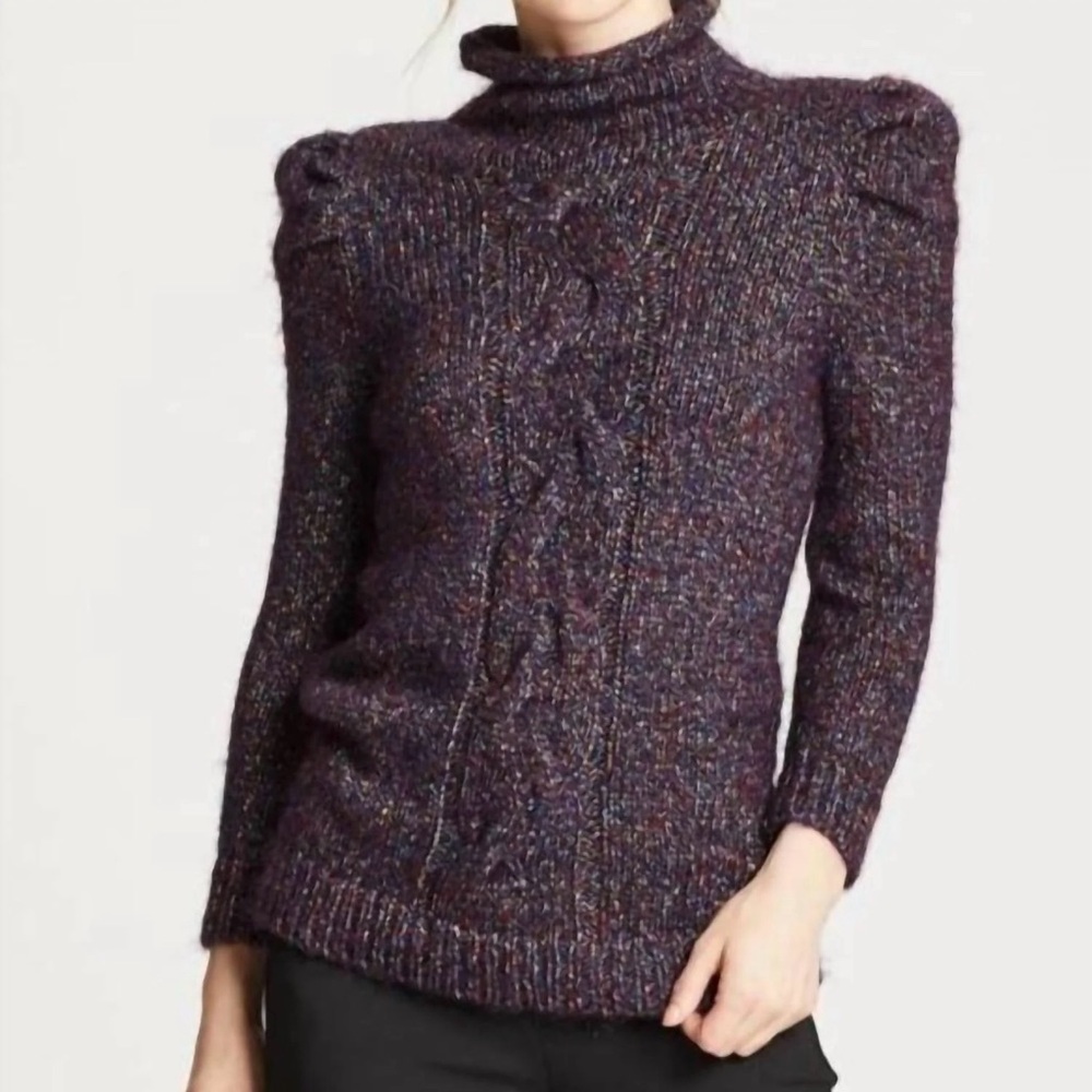 Marie Oliver Confetti Cable Sweater Brown Purple Mock‎ Neck Wool Blend XS Chunky